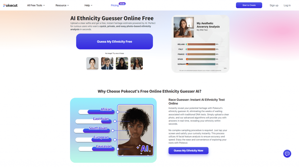 Homepage of Pokecut Free Online AI Ethnicity Guesser website showing the upload section and feature highlights.