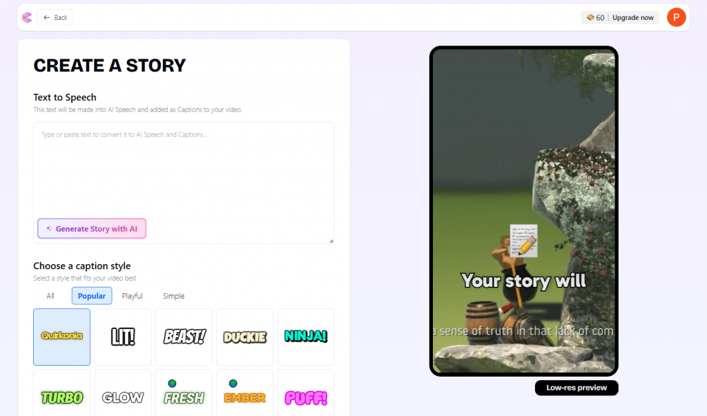 ClipGOAT Create a Story tool showing text-to-speech option, custom caption styles, and a vertical video preview.
