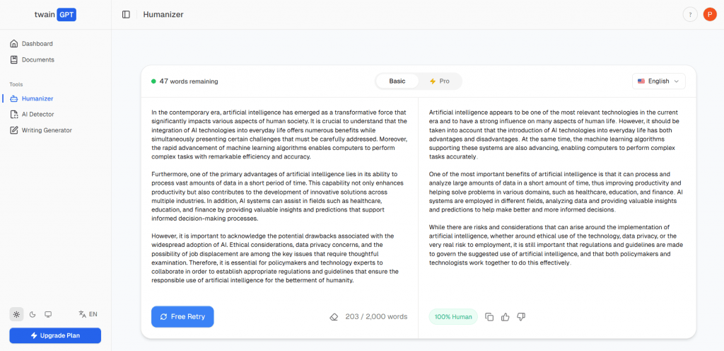 Twain GPT Humanizer tool side-by-side comparison screen showing original text and the processed 100% human-verified text.