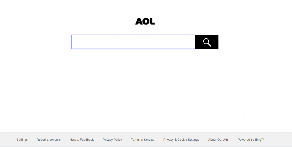 Simple AOL search engine homepage interface with a single search bar powered by Bing.