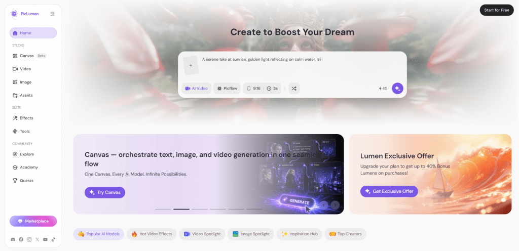 Interface screenshot of PicLumen AI tool with the canvas feature highlighted, showing prompt fields and AI video and image generation options.