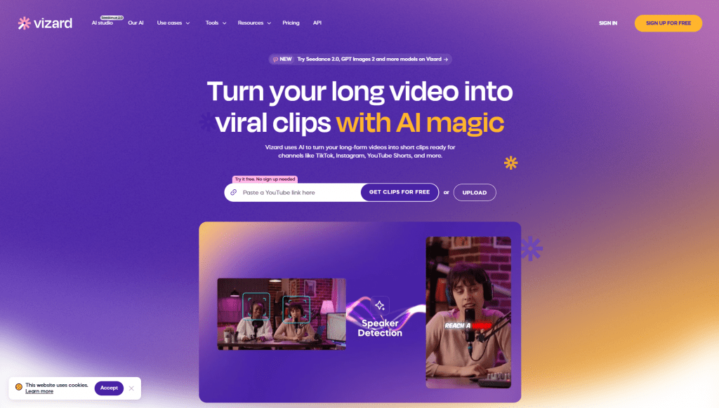 Vizard website homepage featuring the headline "Turn your long video into viral clips with AI magic" on a purple background.