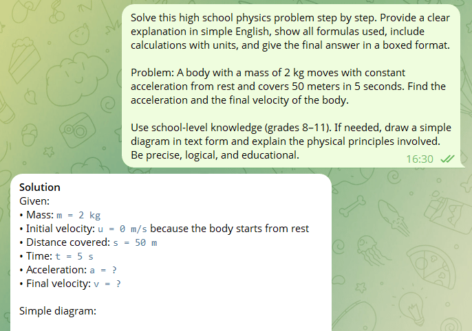 A Telegram AI bot providing a complete, step-by-step solution to a physics problem about a moving body.