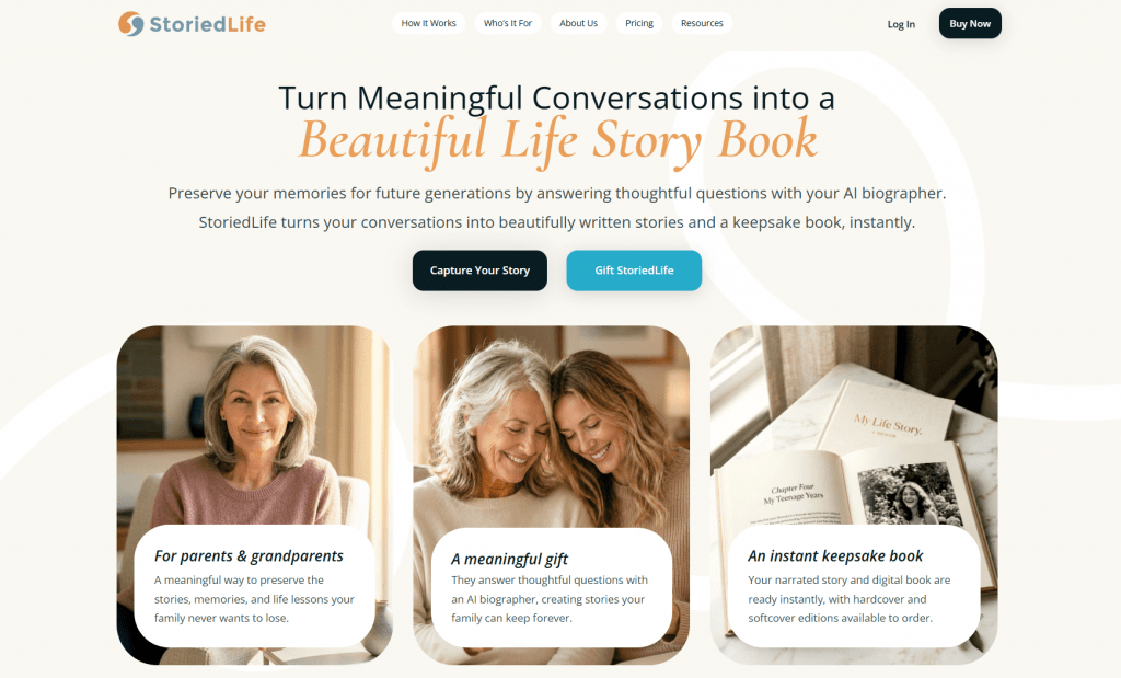 StoriedLife website showcasing family memory books and AI biography tools for parents and grandparents.