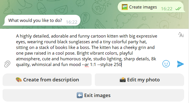 A Telegram AI bot text input field containing a highly detailed prompt for creating a custom image of a "cool kitten boss."