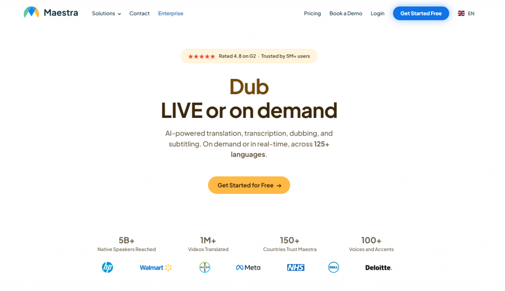 Maestra website homepage featuring live and on-demand AI-powered video dubbing, translation, and automated subtitling services.