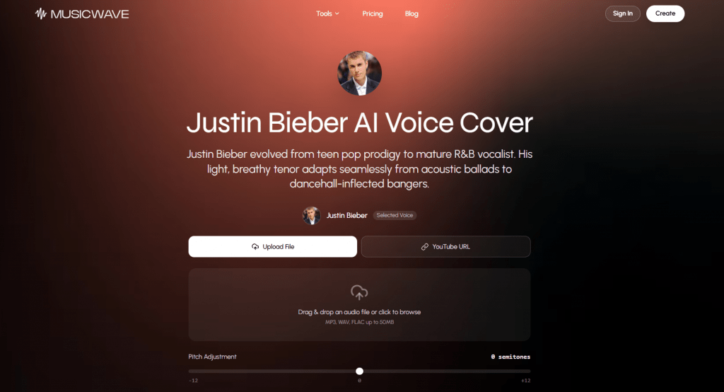 MusicWave landing page highlighting Justin Bieber AI voice cover generation with a file upload area and pitch adjustment slider.