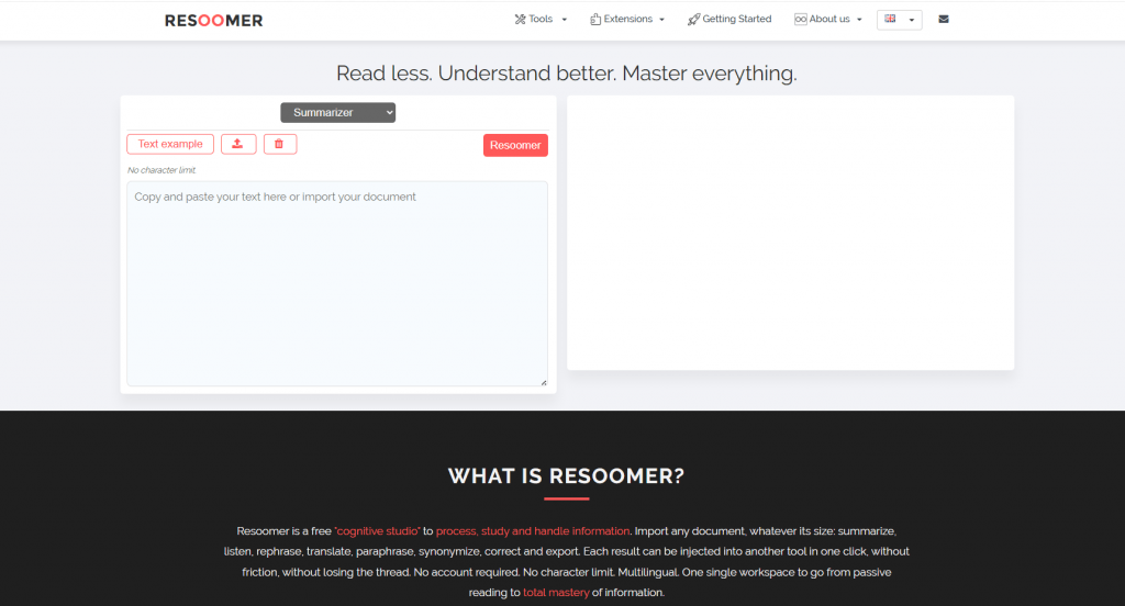 Resoomer homepage layout with "Read less. Understand better. Master everything." tagline, input text box, and explanation of its free cognitive studio capabilities.