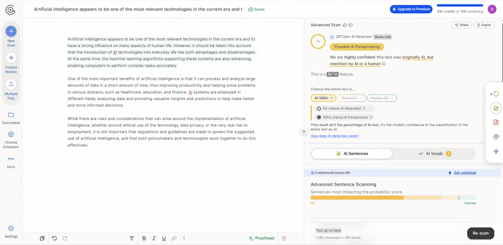 GPTZero AI Detection platform dashboard showing a text analysis report indicating a high confidence score for AI paraphrased content.