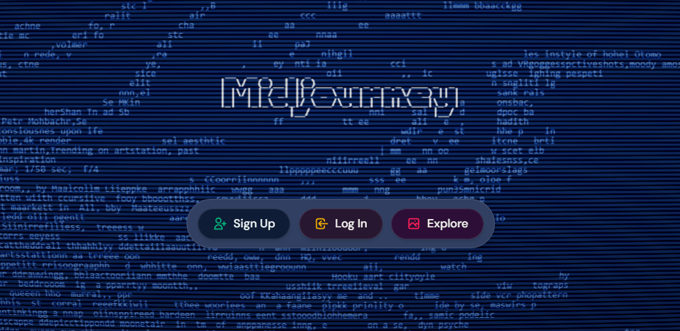 The retro blue terminal-style text landing page of Midjourney website with options to Sign Up, Log In, and Explore creations.