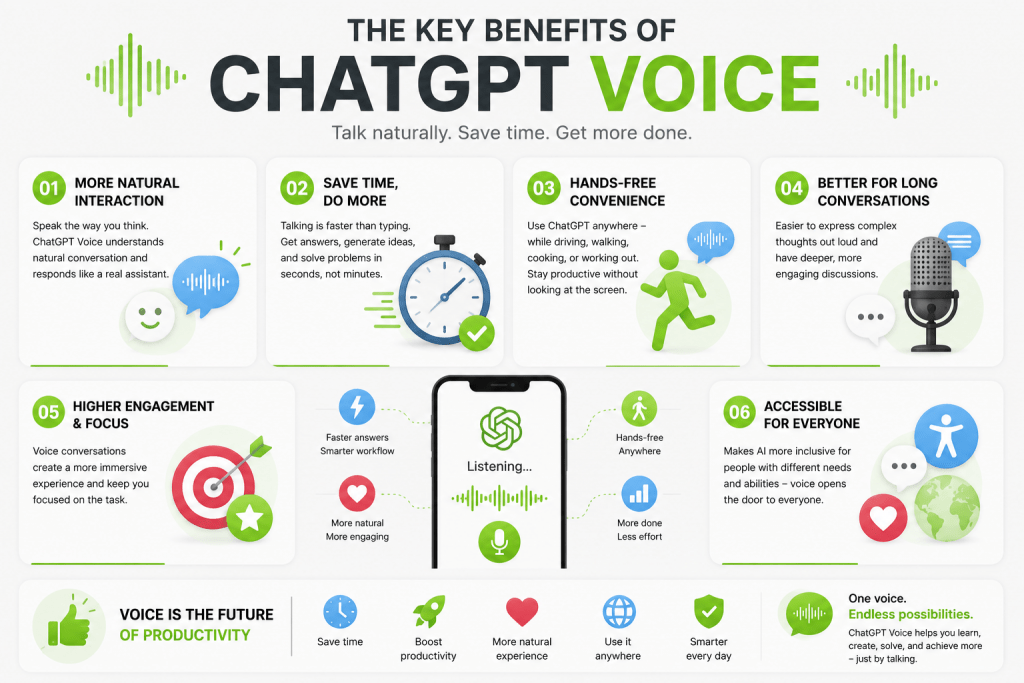 Infographic listing the key benefits of ChatGPT Voice, including natural interaction, hands-free convenience, and higher engagement.
