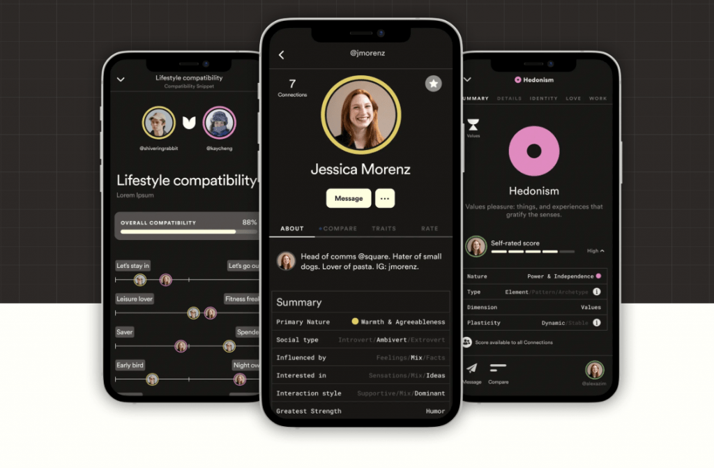 Three smartphones displaying the user interface of a personality and lifestyle compatibility app. The center screen shows a profile for "Jessica Morenz" with traits like "Warmth & Agreeableness". The left screen displays a "Lifestyle compatibility" timeline comparing habits like "Early bird" vs "Night owl". The right screen shows a breakdown of values, focusing on a "Hedonism" score.