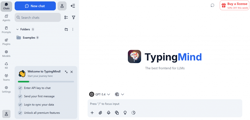 TypingMind web application dashboard interface showing a clean chat layout with the GPT model selector active.