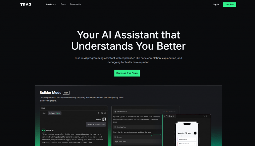 Trae AI home page hero section featuring the tagline Your AI Assistant that Understands You Better and a Download Trae Plugin call-to-action button.