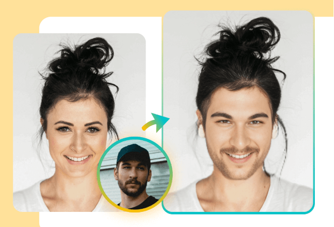Before and after example of an AI face swap showing a woman's face seamlessly replaced with a man's face using a circle photo reference.