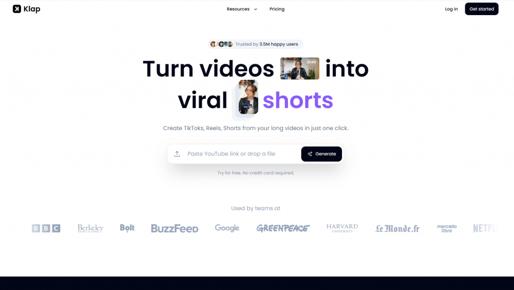 Klap website landing page showing a clean minimalist layout with the headline "Turn videos into viral shorts".