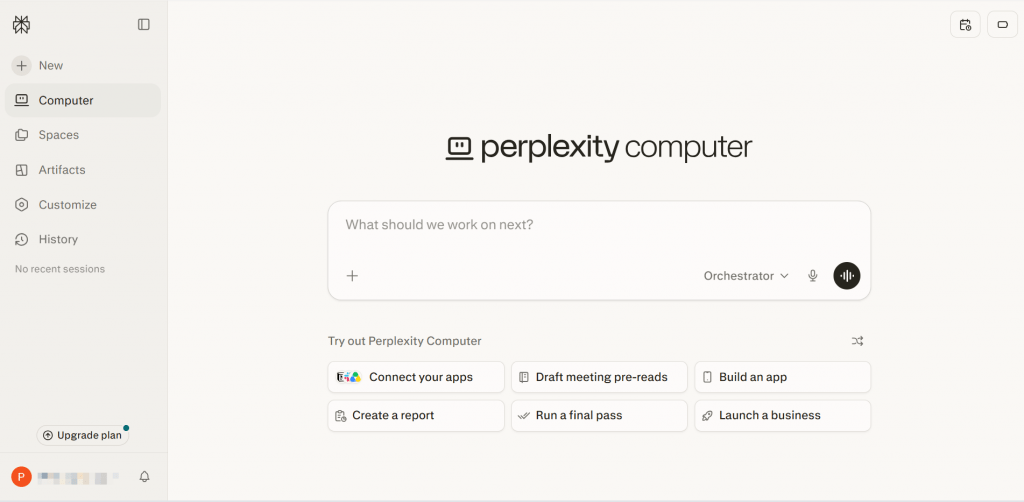 Perplexity Computer AI search agent interface dashboard with prompts to start new tasks.