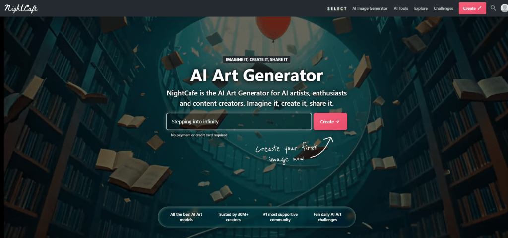 NightCafe AI Art Generator homepage showing a prompt input box set against a fantasy background of a spiraling library with floating books.