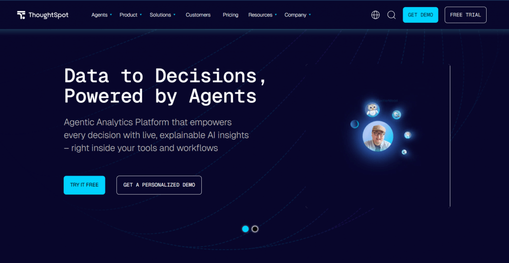 ThoughtSpot modern dark theme homepage emphasizing agentic analytics and explainable AI insights for corporate data decisions.