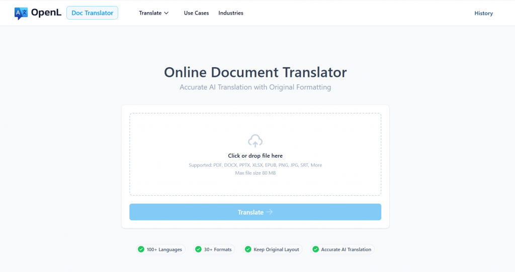 OpenL Online Document Translator drag-and-drop web interface for accurate AI document translation with original layout retention.