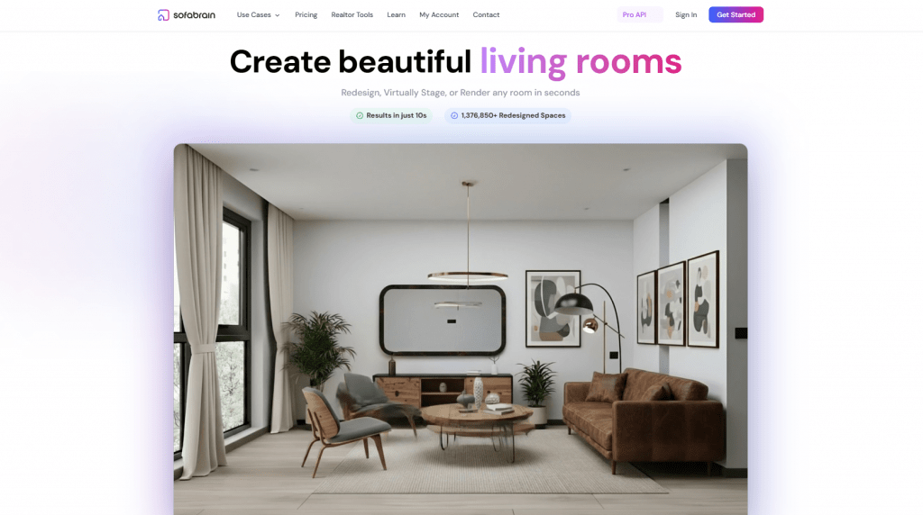 SofaBrain AI interior design platform homepage showing a modern rendered living room with a brown leather sofa.