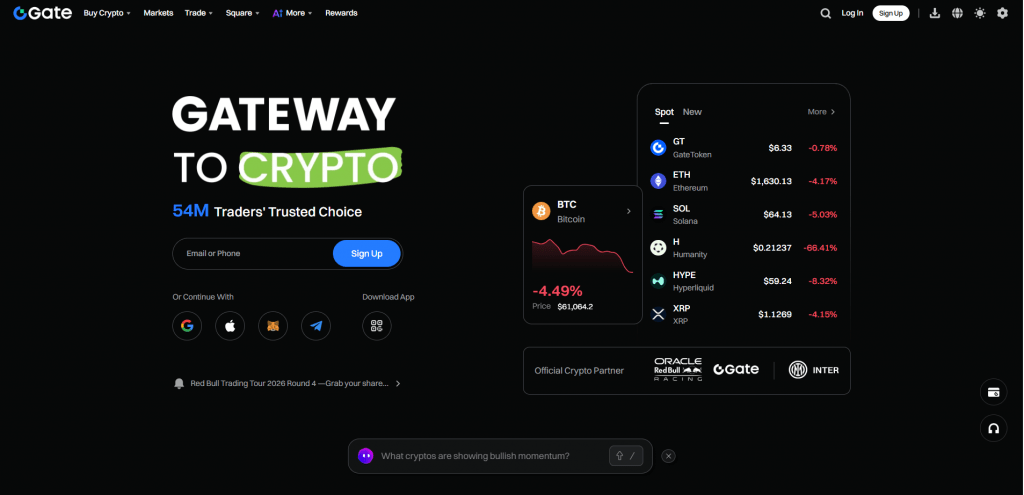 Gate crypto exchange main landing page with the headline "Gateway to Crypto, 54M Traders' Trusted Choice" and active token price lists.