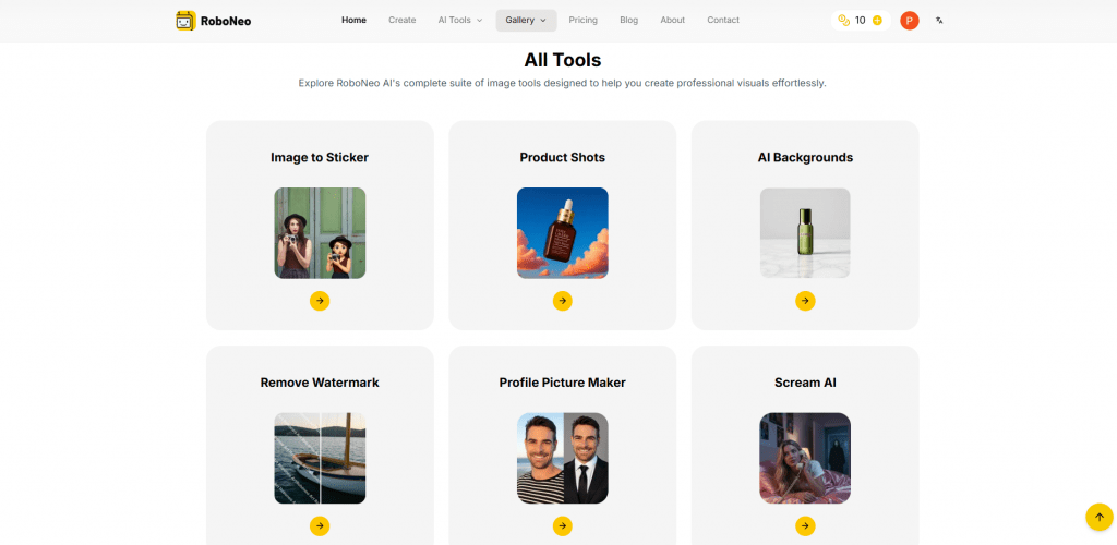 Dashboard directory of RoboNeo AI features including Image to Sticker, Product Shots, and AI Backgrounds.