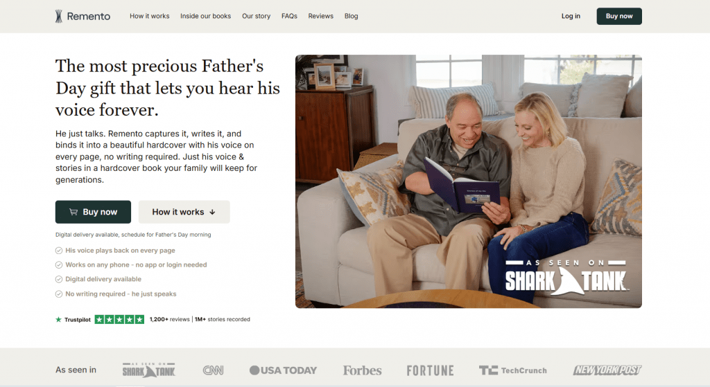 A senior man and a woman sitting on a couch reading a Remento custom photo and voice storybook.