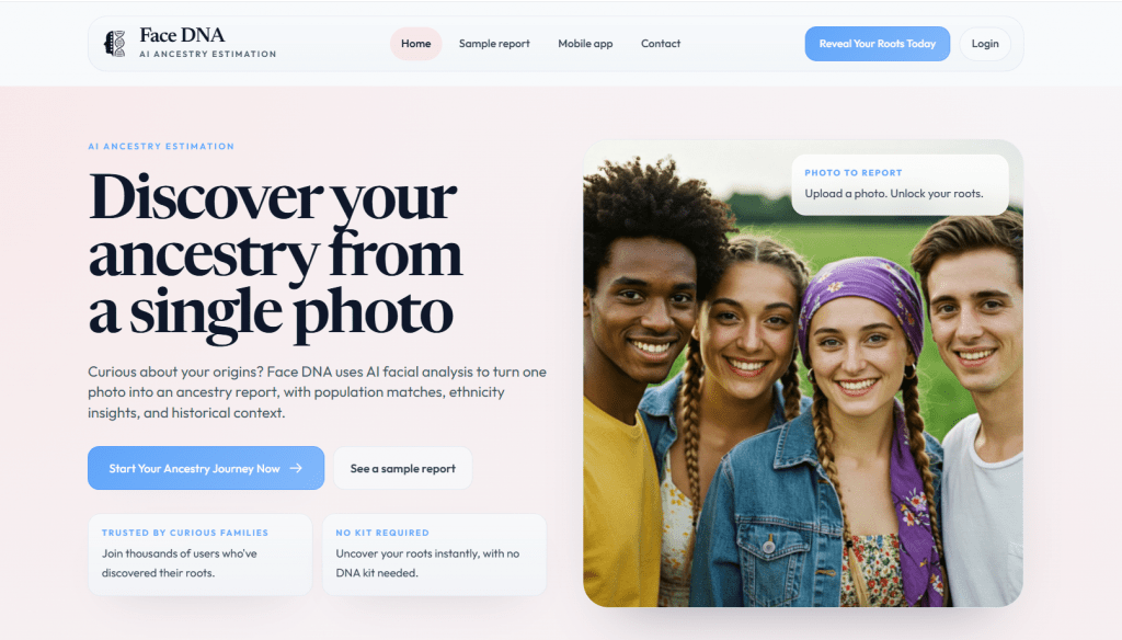 Face DNA AI Ancestry Estimation website homepage featuring a group of smiling people and a call to action to discover ancestry from a single photo.