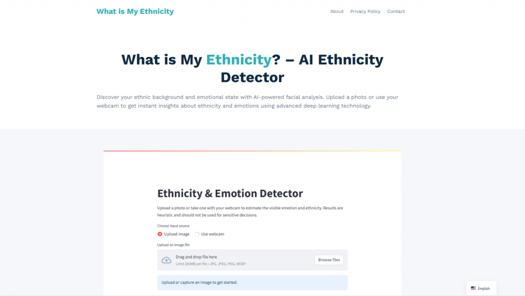 Web interface of What is My Ethnicity AI Detector tool showing a clean drag-and-drop file upload zone.