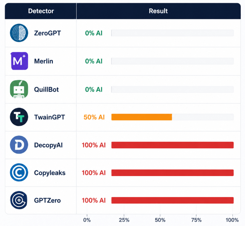 Comparison chart of various AI detectors including ZeroGPT, Merlin, QuillBot, TwainGPT, DecopyAI, Copyleaks, and GPTZero with their respective AI percentage scores.