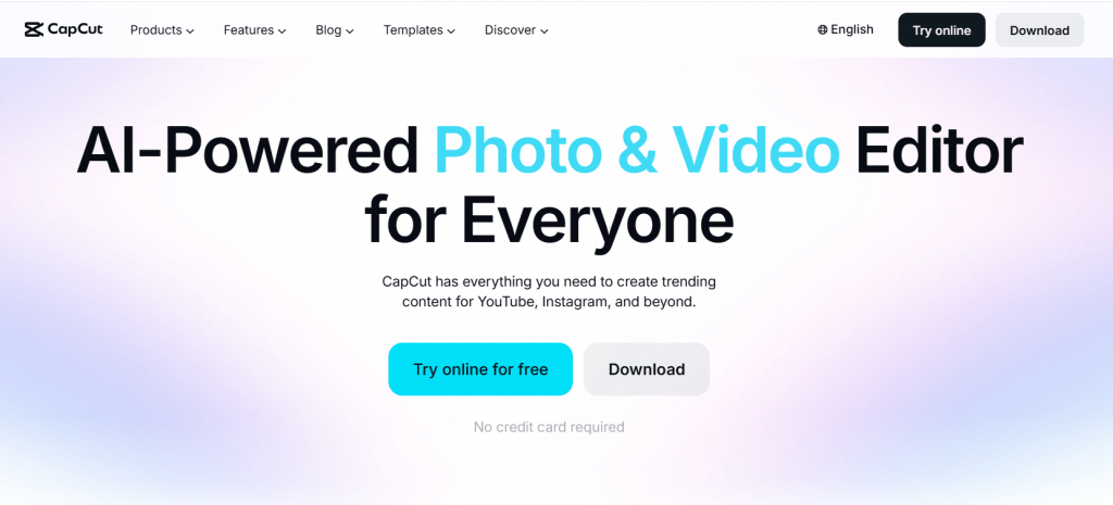 CapCut landing page with the headline "AI-Powered Photo & Video Editor for Everyone" with call to action buttons.