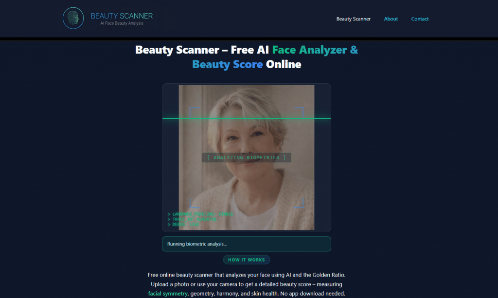 A dark blue web page for "Beauty Scanner – Free AI Face Analyzer & Beauty Score Online". In the center, a photo of a mature woman with short blonde hair is being scanned by a horizontal green line with the overlay text "[ ANALYZING BIOMETRICS ]". The text below explains that the scanner measures facial symmetry, geometry, harmony, and skin health using the Golden Ratio.