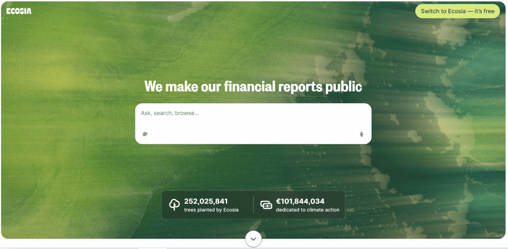 Ecosia green search engine homepage displaying the number of trees planted and funds dedicated to climate action.
