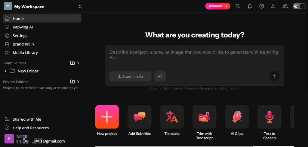 Kapwing AI video editing workspace dashboard displaying options to add subtitles, translate videos, trim transcripts, and generate AI clips.