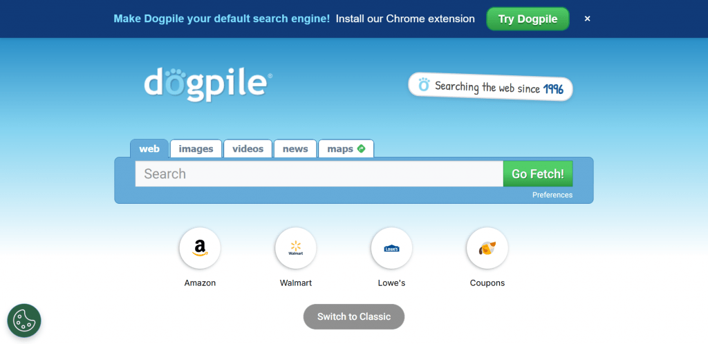Dogpile metasearch engine homepage featuring a blue sky background and search tabs for web, images, and videos.