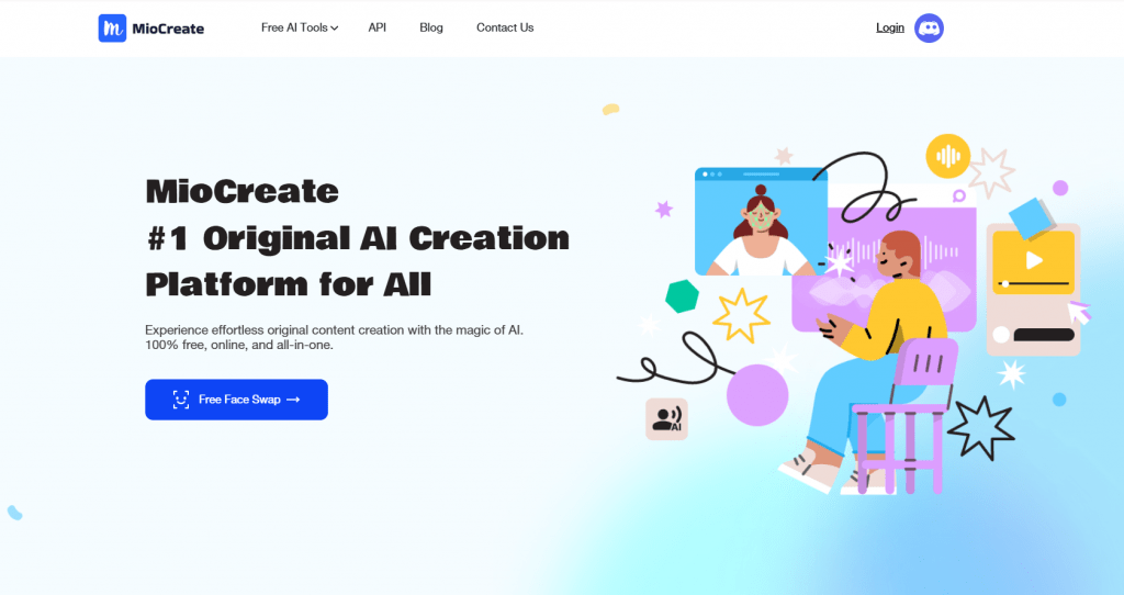 MioCreate website homepage banner displaying the headline "MioCreate #1 Original AI Creation Platform for All" with colorful creative illustrations.
