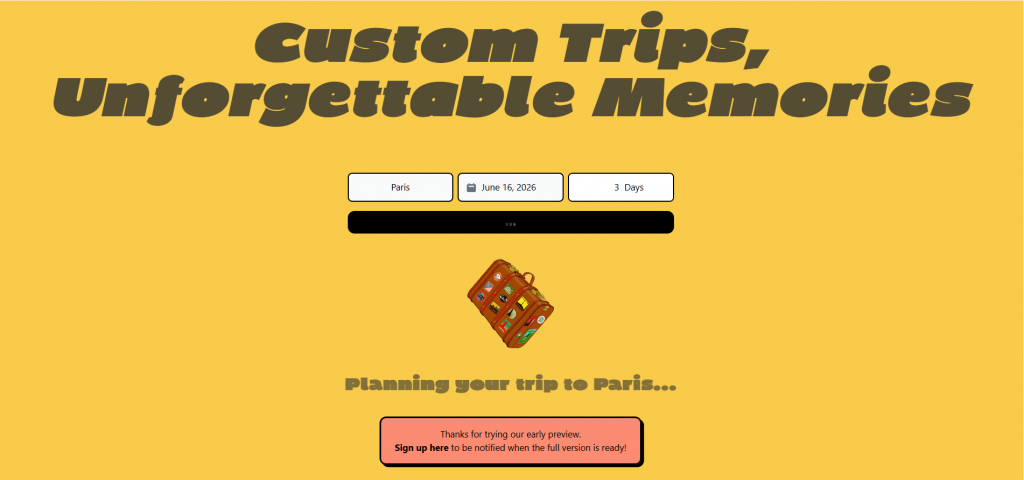 Interface of Orkoi AI custom trip planner showing a search query for a 3-day trip to Paris on June 16, 2026, with the headline "Custom Trips, Unforgettable Memories."