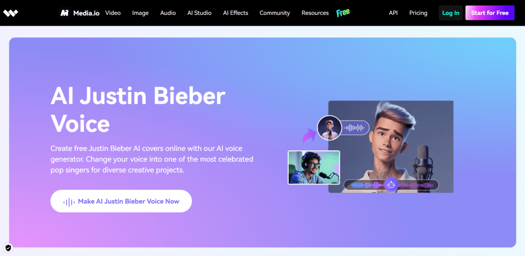 Media.io AI Justin Bieber voice cloning homepage with vibrant purple gradients and graphic elements showing vocal transformation.
