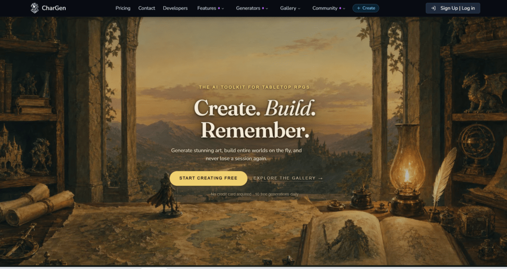 Desktop screenshot of CharGen website homepage displaying an atmospheric medieval desk with an open map, miniature figure, and the text Create. Build. Remember.