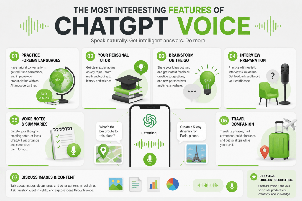 Educational infographic detailing 7 interesting features of ChatGPT Voice, like practicing foreign languages, brainstorming, and voice summaries.