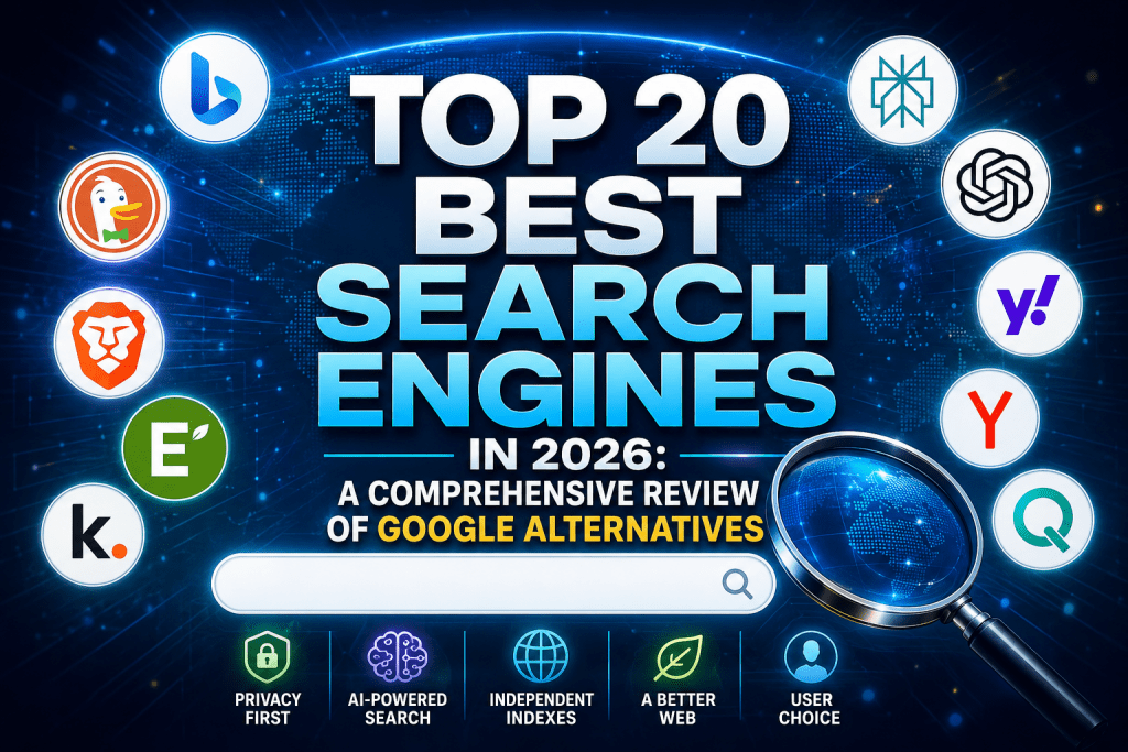 High-tech digital banner graphic for Top 20 Best Search Engines in 2026: A Comprehensive Review of Google Alternatives.