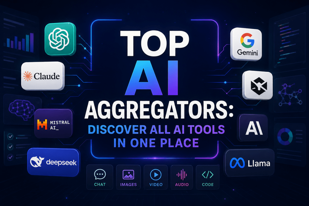 Futuristic digital graphic titled "TOP AI AGGREGATORS: DISCOVER ALL AI TOOLS IN ONE PLACE" surrounded by popular AI logos.