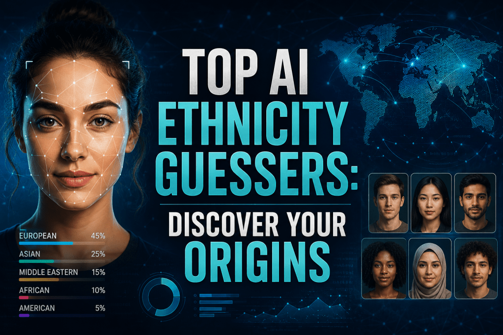 Promotional banner text reading "Top AI Ethnicity Guessers: Discover Your Origins" with high-tech facial recognition graphics, world map, and diverse portrait examples.