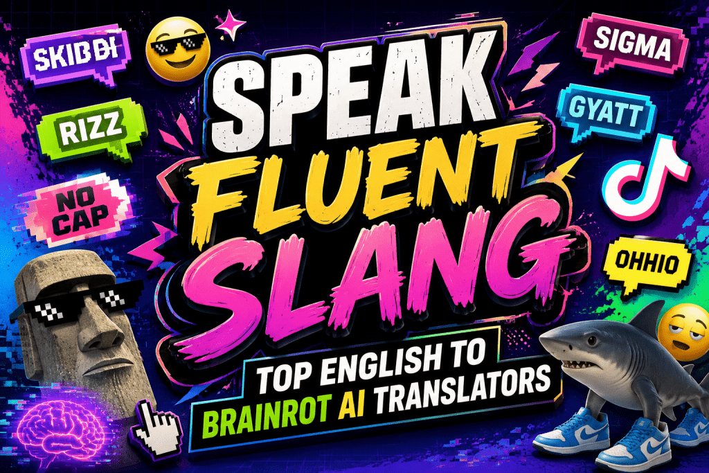 Promotional banner for AI slang converters titled Speak Fluent Slang: Top English to Brainrot AI Translators, featuring internet memes like the Moai statue, a shark in sneakers, and speech bubbles with Gen Z terms like Rizz, Skibidi, and Sigma.