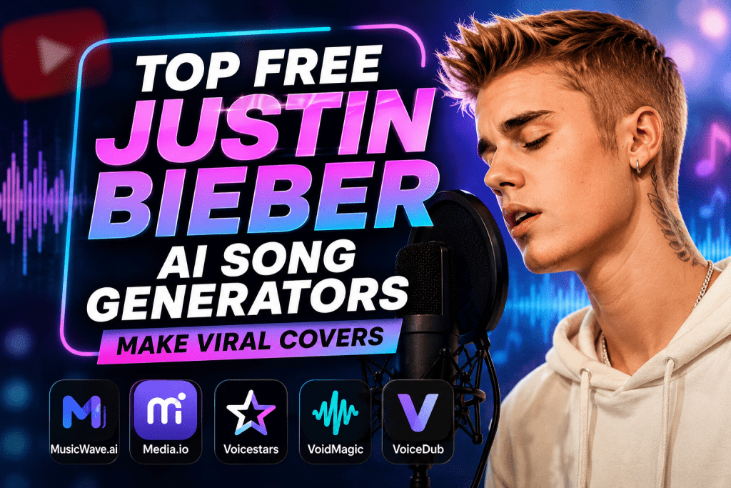 Promotional banner for top free Justin Bieber AI song generators to make viral covers, featuring logos for MusicWave, Media.io, Voicestars, VoidMagic, and VoiceDub next to a singing artist.