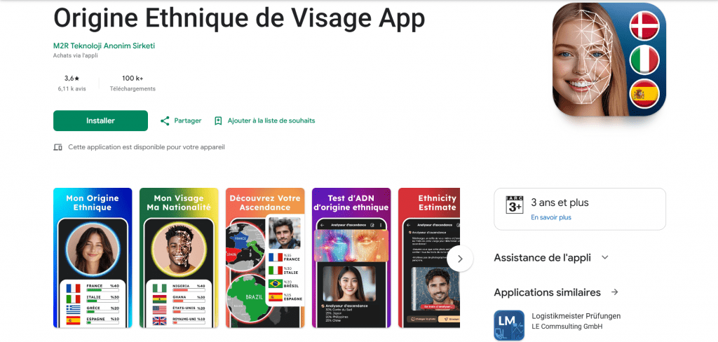 Google Play Store listing screenshot for "Origine Ethnique de Visage App" by M2R Teknoloji Anonim Sirketi, featuring app details, download controls, an age rating badge, and five vertical screenshot previews.