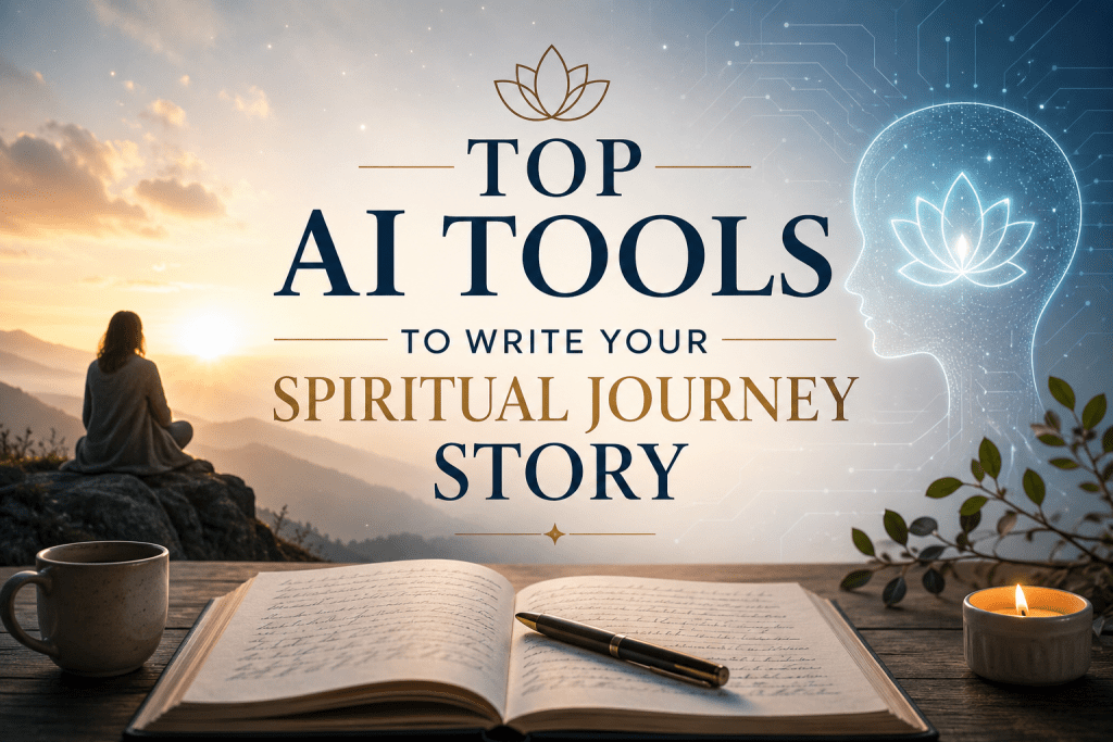 Promotional graphic for top AI tools to write your spiritual journey story, featuring an open journal and a glowing human head silhouette.