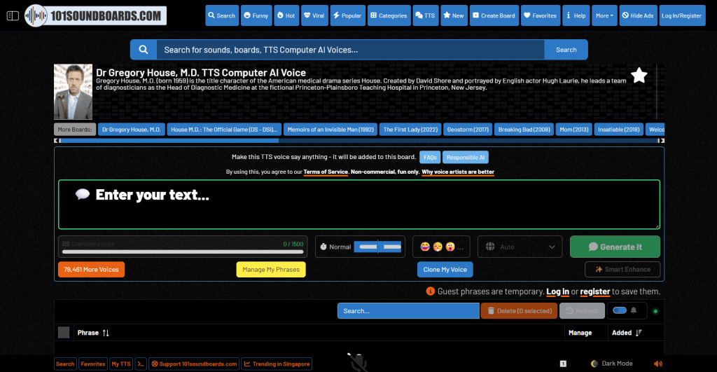 Screenshot of the 101Soundboards web interface showing the Dr. Gregory House, M.D. TTS Computer AI Voice generator page with a custom text entry field.
