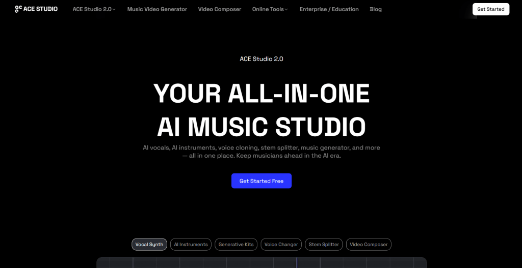 The homepage of ACE Studio showcasing a dark theme with the main headline "YOUR ALL-IN-ONE AI MUSIC STUDIO" and action buttons.